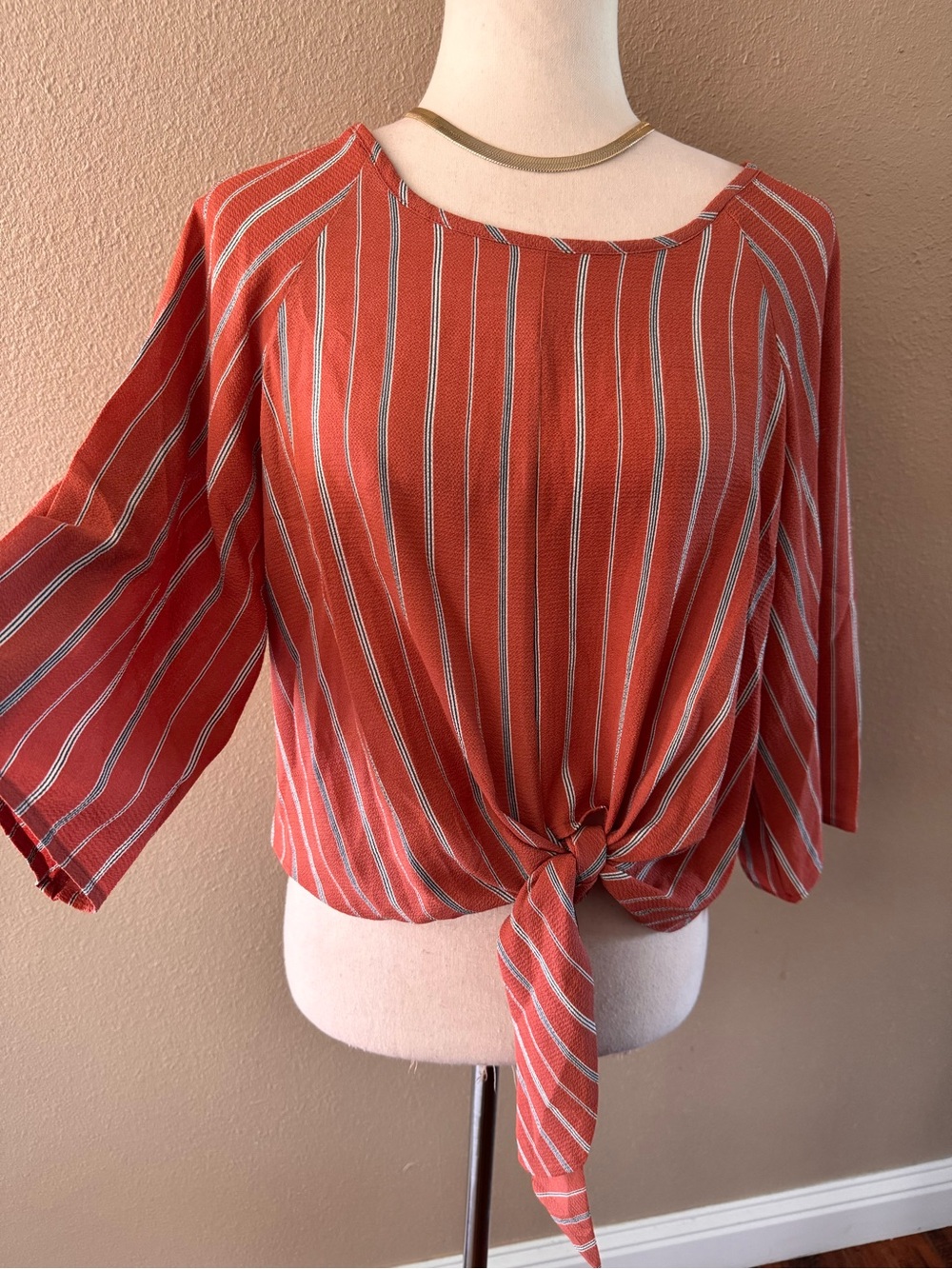 Striped Rust Tie-Front Blouse - Picture 10 of 12